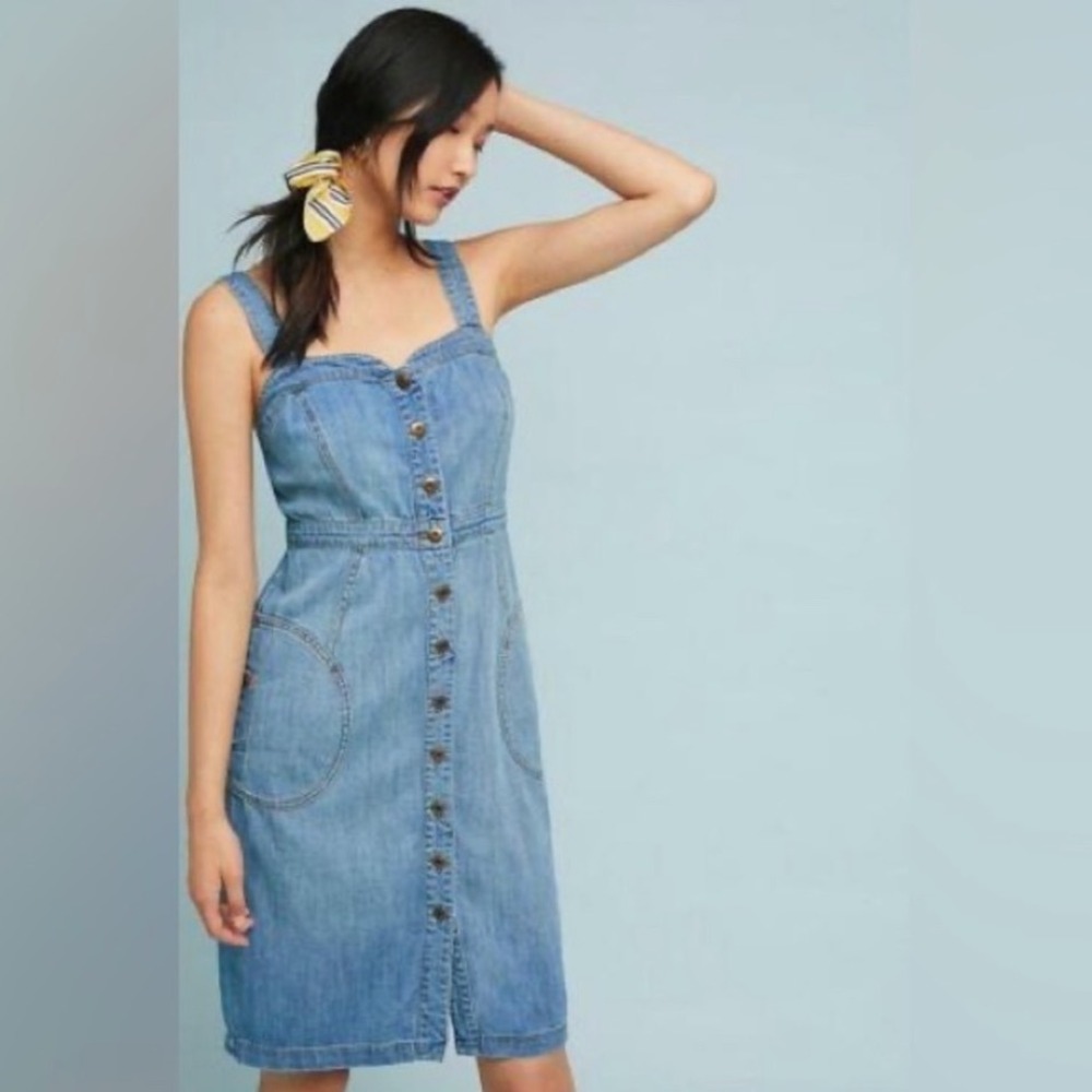 Pilcro and the Letterpress Anthropologie‎ Denim Blue Sheath Dress Blue Button 8